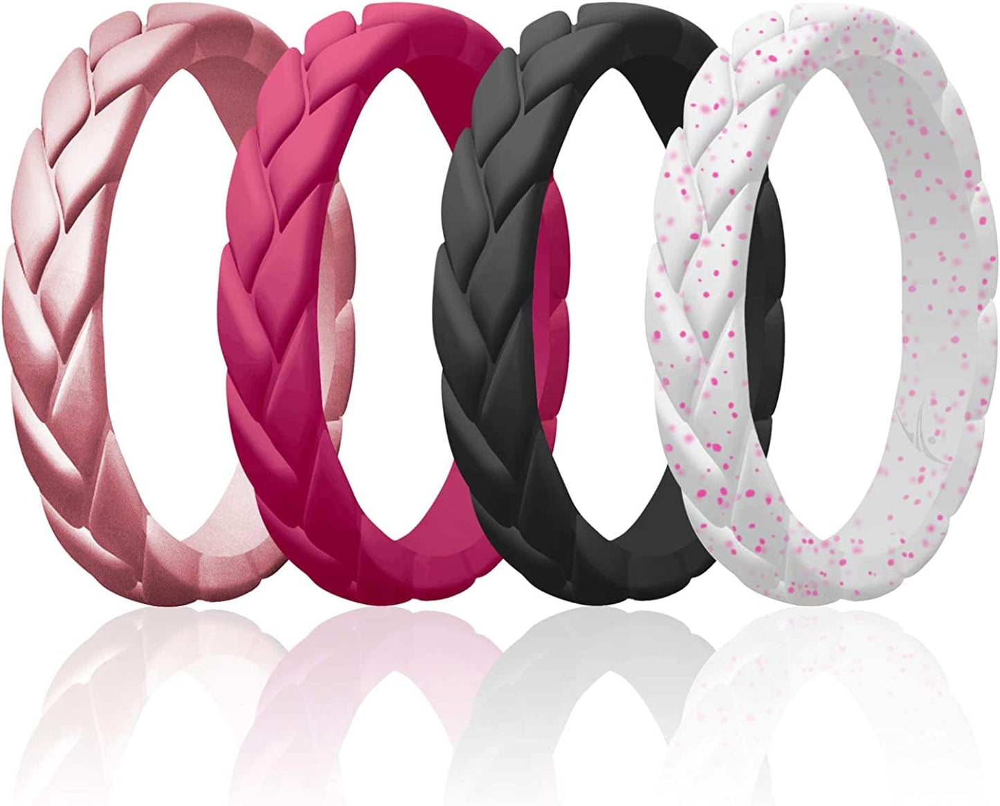 Silicone Rings for Women Thin Womens Silicone Rubber Wedding Rings Bands - Bridal Jewelry Set Promise Rings Anniversary Rings - Flame Leaves Collection - Can Be Used as Stackable Rings Metal Pink, Pink, Black, White with Pink Glitter / 8 - 8.5 (18.1mm)