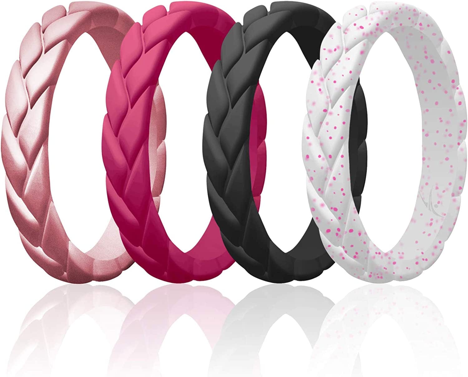 Silicone Rings for Women Thin Womens Silicone Rubber Wedding Rings Bands - Bridal Jewelry Set Promise Rings Anniversary Rings - Flame Leaves Collection - Can Be Used as Stackable Rings Metal Pink, Pink, Black, White with Pink Glitter / 8 - 8.5 (18.1mm)