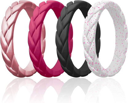 Silicone Rings for Women Thin Womens Silicone Rubber Wedding Rings Bands - Bridal Jewelry Set Promise Rings Anniversary Rings - Flame Leaves Collection - Can Be Used as Stackable Rings Metal Pink, Pink, Black, White with Pink Glitter / 8 - 8.5 (18.1mm)