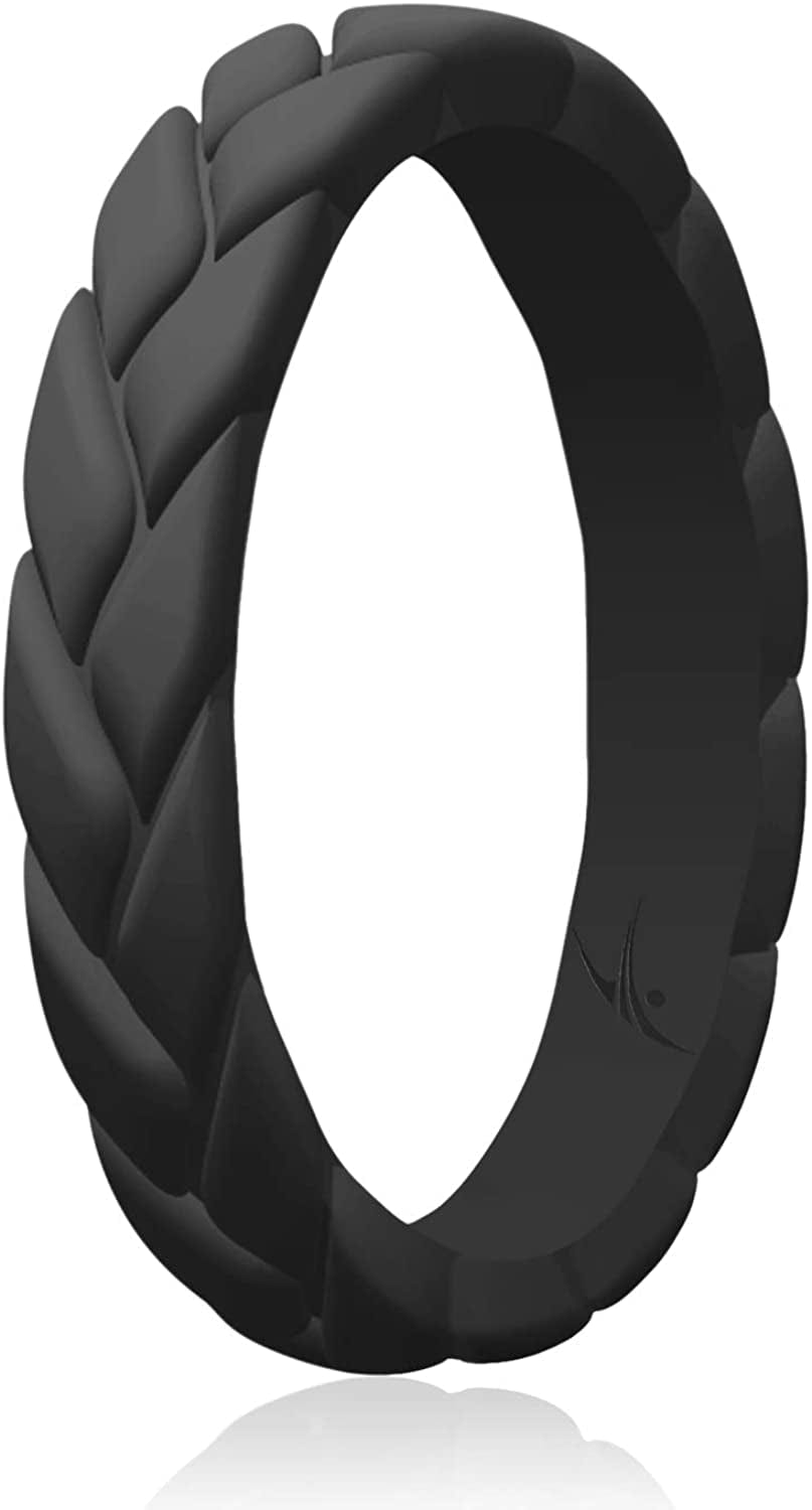 Silicone Rings for Women Thin Womens Silicone Rubber Wedding Rings Bands - Bridal Jewelry Set Promise Rings Anniversary Rings - Flame Leaves Collection - Can Be Used as Stackable Rings Black / 9 - 9.5 (18.9mm)