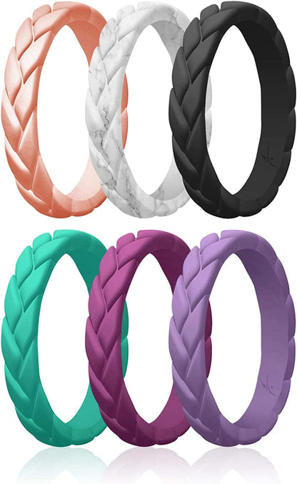 Silicone Rings for Women Thin Womens Silicone Rubber Wedding Rings Bands - Bridal Jewelry Set Promise Rings Anniversary Rings - Flame Leaves Collection - Can Be Used as Stackable Rings Rose Gold, Marble, Black, Teal, Argaman Purple, Lavender / 11 - 11.5 (20.6mm)