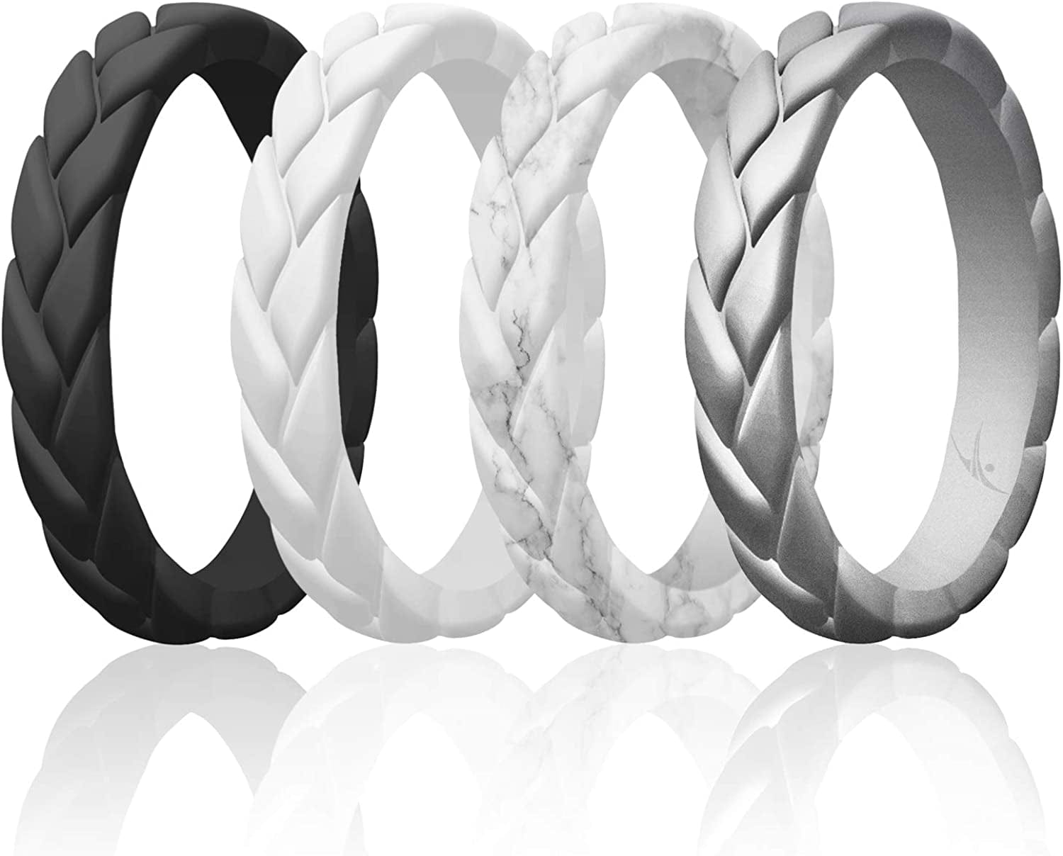 Silicone Rings for Women Thin Womens Silicone Rubber Wedding Rings Bands - Bridal Jewelry Set Promise Rings Anniversary Rings - Flame Leaves Collection - Can Be Used as Stackable Rings Black, White, Marble, Silver / 6 -6.5 (16.5mm)