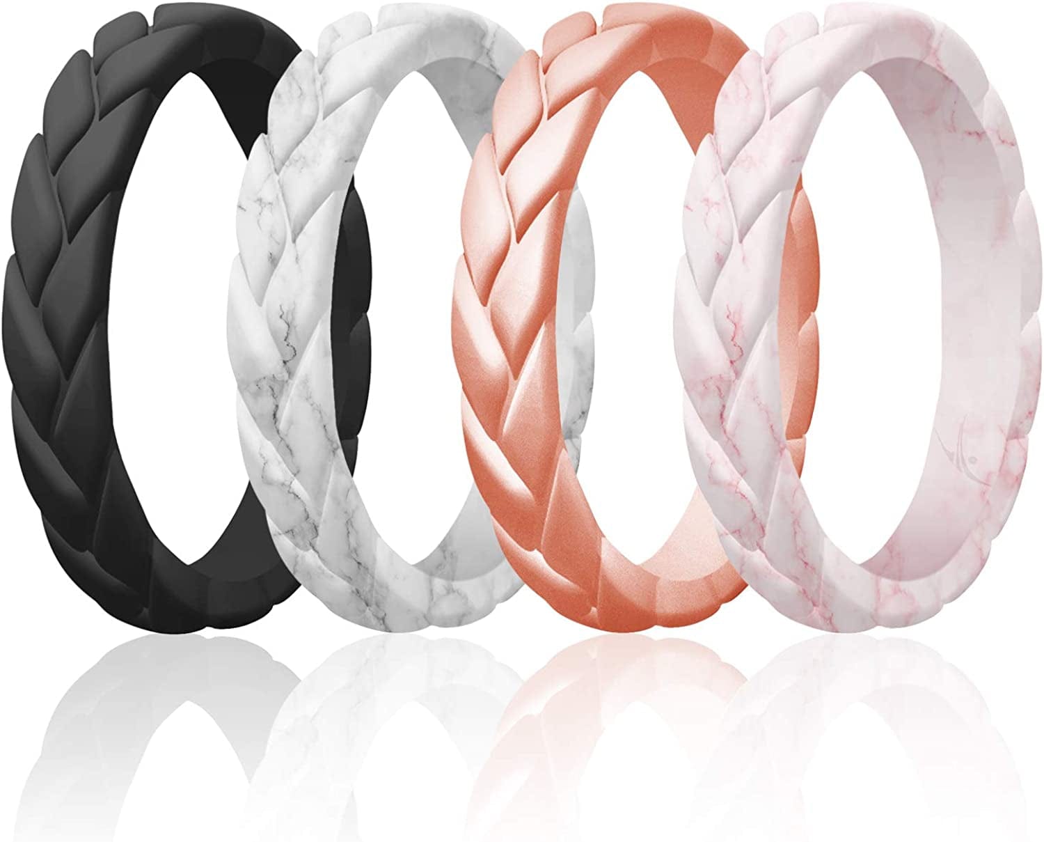Silicone Rings for Women Thin Womens Silicone Rubber Wedding Rings Bands - Bridal Jewelry Set Promise Rings Anniversary Rings - Flame Leaves Collection - Can Be Used as Stackable Rings Marble, Black, Rose Gold Marble, Rose Gold / 4 - 4.5 (15.3mm)
