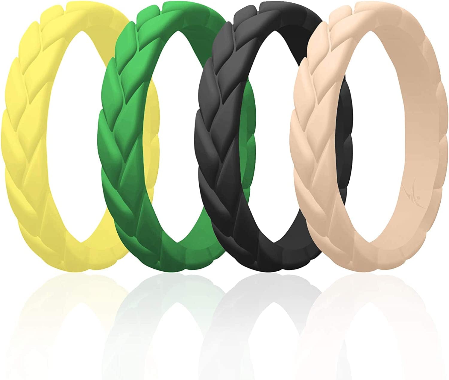 Silicone Rings for Women Thin Womens Silicone Rubber Wedding Rings Bands - Bridal Jewelry Set Promise Rings Anniversary Rings - Flame Leaves Collection - Can Be Used as Stackable Rings Yellow, Green, Black, Body Color / 9 - 9.5 (18.9mm)