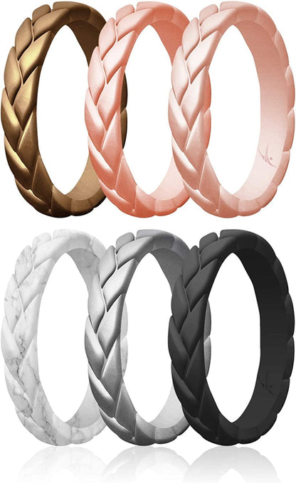 Silicone Rings for Women Thin Womens Silicone Rubber Wedding Rings Bands - Bridal Jewelry Set Promise Rings Anniversary Rings - Flame Leaves Collection - Can Be Used as Stackable Rings Bronze, Rose Gold, Light Rose Gold, Marble, Silver, Black / 6 -6.5 (16.5mm)