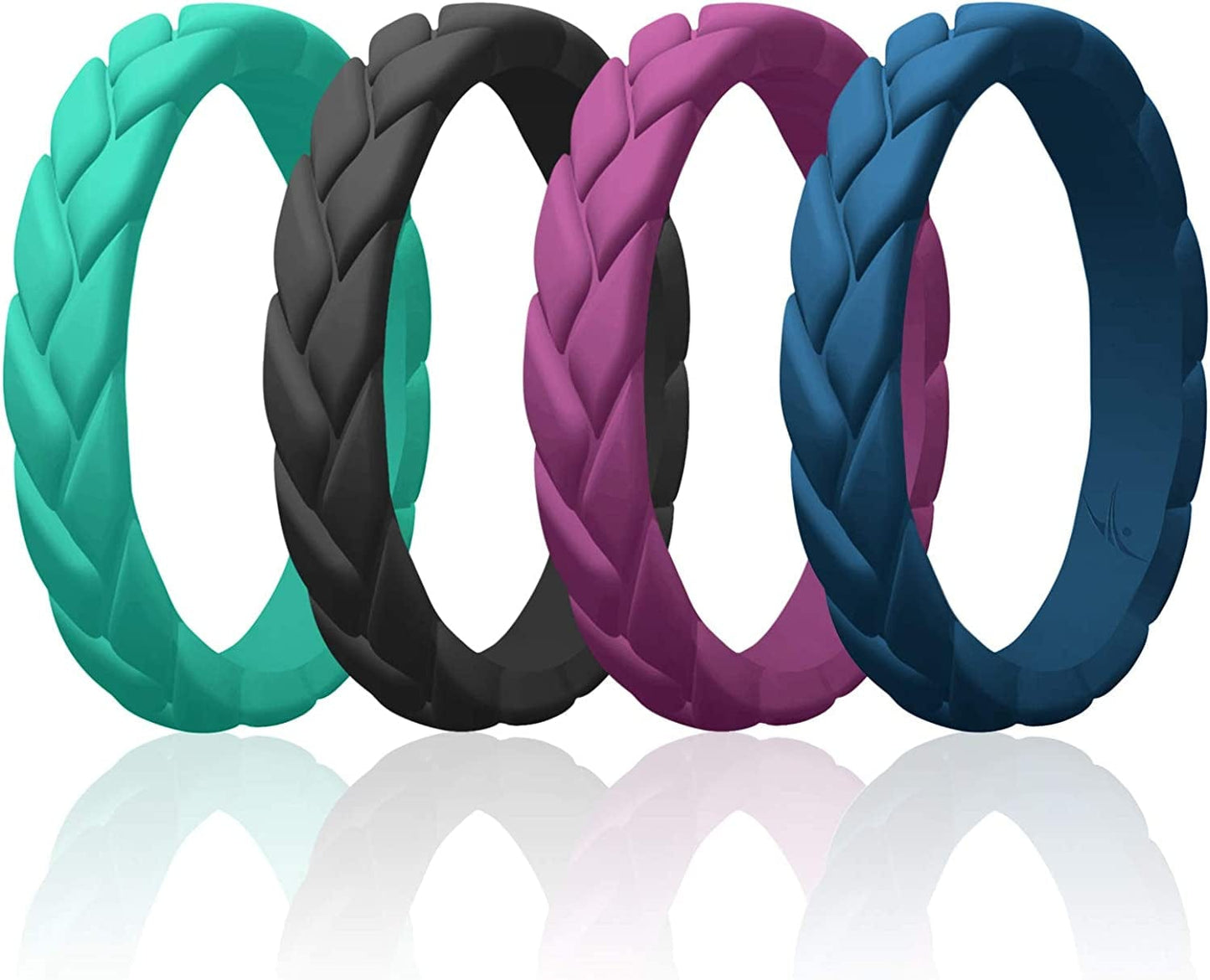 Silicone Rings for Women Thin Womens Silicone Rubber Wedding Rings Bands - Bridal Jewelry Set Promise Rings Anniversary Rings - Flame Leaves Collection - Can Be Used as Stackable Rings Black, Dark Blue, Argaman Purple, Teal / 6 -6.5 (16.5mm)