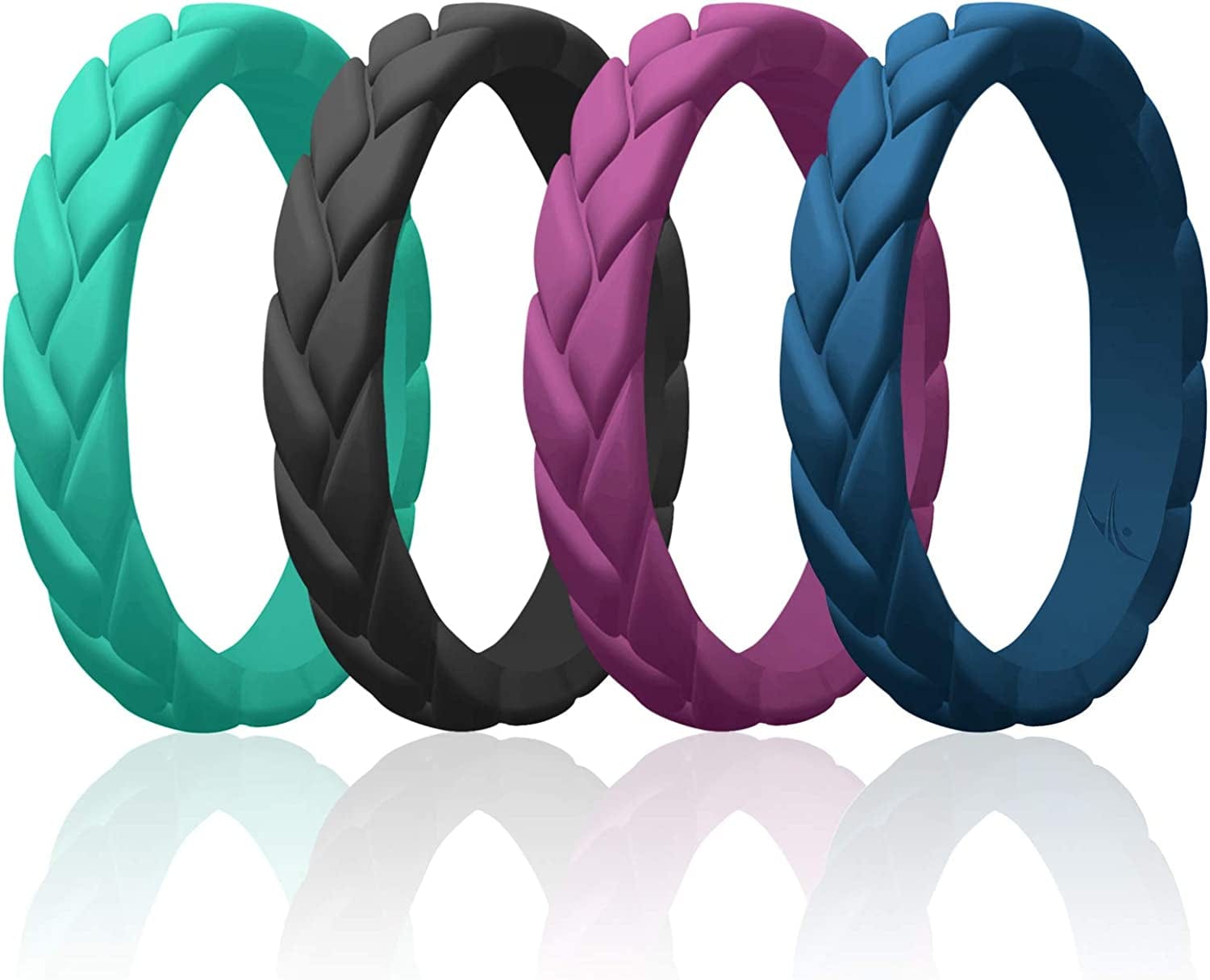 Silicone Rings for Women Thin Womens Silicone Rubber Wedding Rings Bands - Bridal Jewelry Set Promise Rings Anniversary Rings - Flame Leaves Collection - Can Be Used as Stackable Rings Black, Dark Blue, Argaman Purple, Teal / 6 -6.5 (16.5mm)
