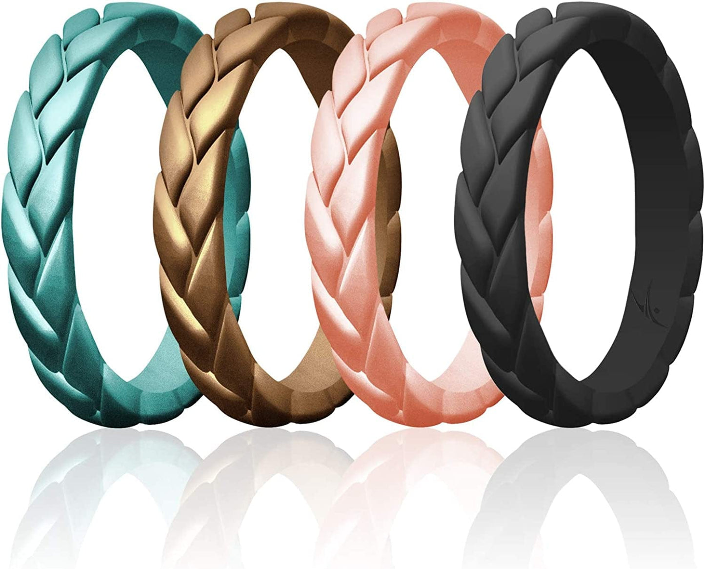Silicone Rings for Women Thin Womens Silicone Rubber Wedding Rings Bands - Bridal Jewelry Set Promise Rings Anniversary Rings - Flame Leaves Collection - Can Be Used as Stackable Rings Bronze, Metal Dark Aqua, Black, Rose Gold / 5 - 5.5 (15.7mm)