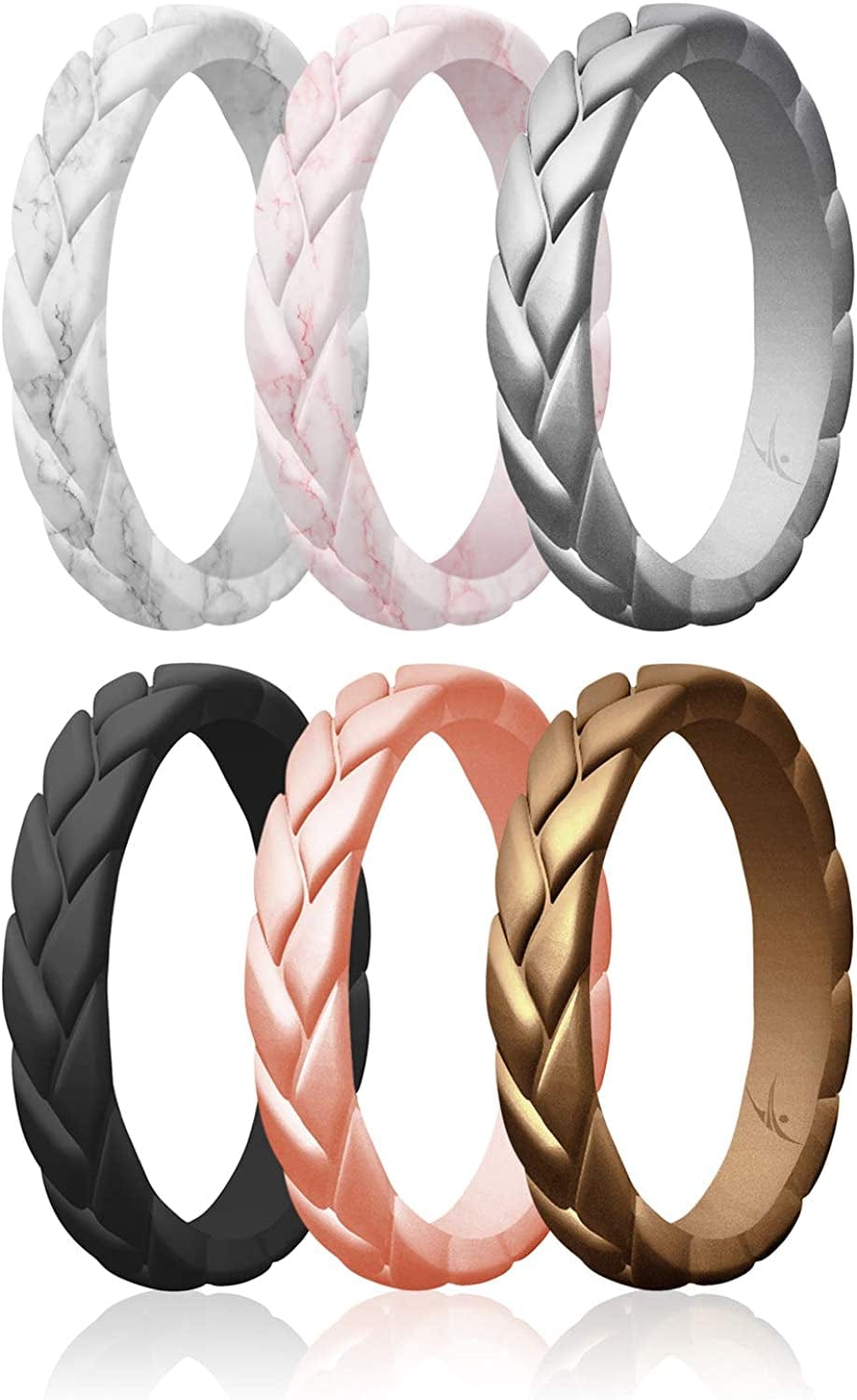 Silicone Rings for Women Thin Womens Silicone Rubber Wedding Rings Bands - Bridal Jewelry Set Promise Rings Anniversary Rings - Flame Leaves Collection - Can Be Used as Stackable Rings Marble, Rose Gold Marble, Silver, Black, Rose Gold, Bronze / 10 - 10.5 (19.8mm)