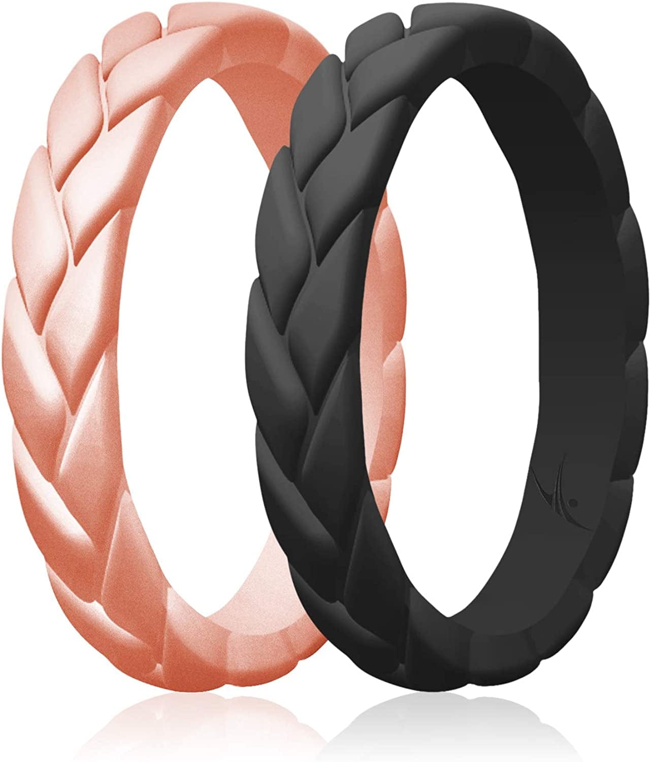 Silicone Rings for Women Thin Womens Silicone Rubber Wedding Rings Bands - Bridal Jewelry Set Promise Rings Anniversary Rings - Flame Leaves Collection - Can Be Used as Stackable Rings Rose Gold, Black / 8 - 8.5 (18.1mm)