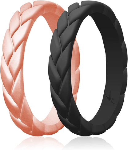 Silicone Rings for Women Thin Womens Silicone Rubber Wedding Rings Bands - Bridal Jewelry Set Promise Rings Anniversary Rings - Flame Leaves Collection - Can Be Used as Stackable Rings Rose Gold, Black / 8 - 8.5 (18.1mm)