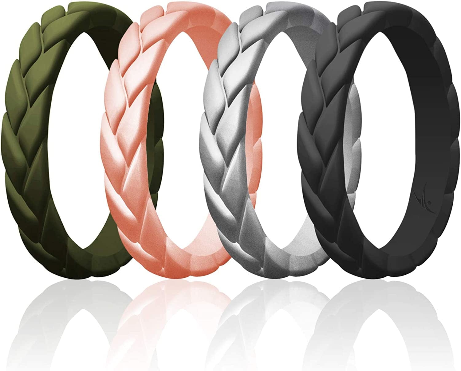 Silicone Rings for Women Thin Womens Silicone Rubber Wedding Rings Bands - Bridal Jewelry Set Promise Rings Anniversary Rings - Flame Leaves Collection - Can Be Used as Stackable Rings Dark Green, Rose Gold, Silver, Black / 5 - 5.5 (15.7mm)