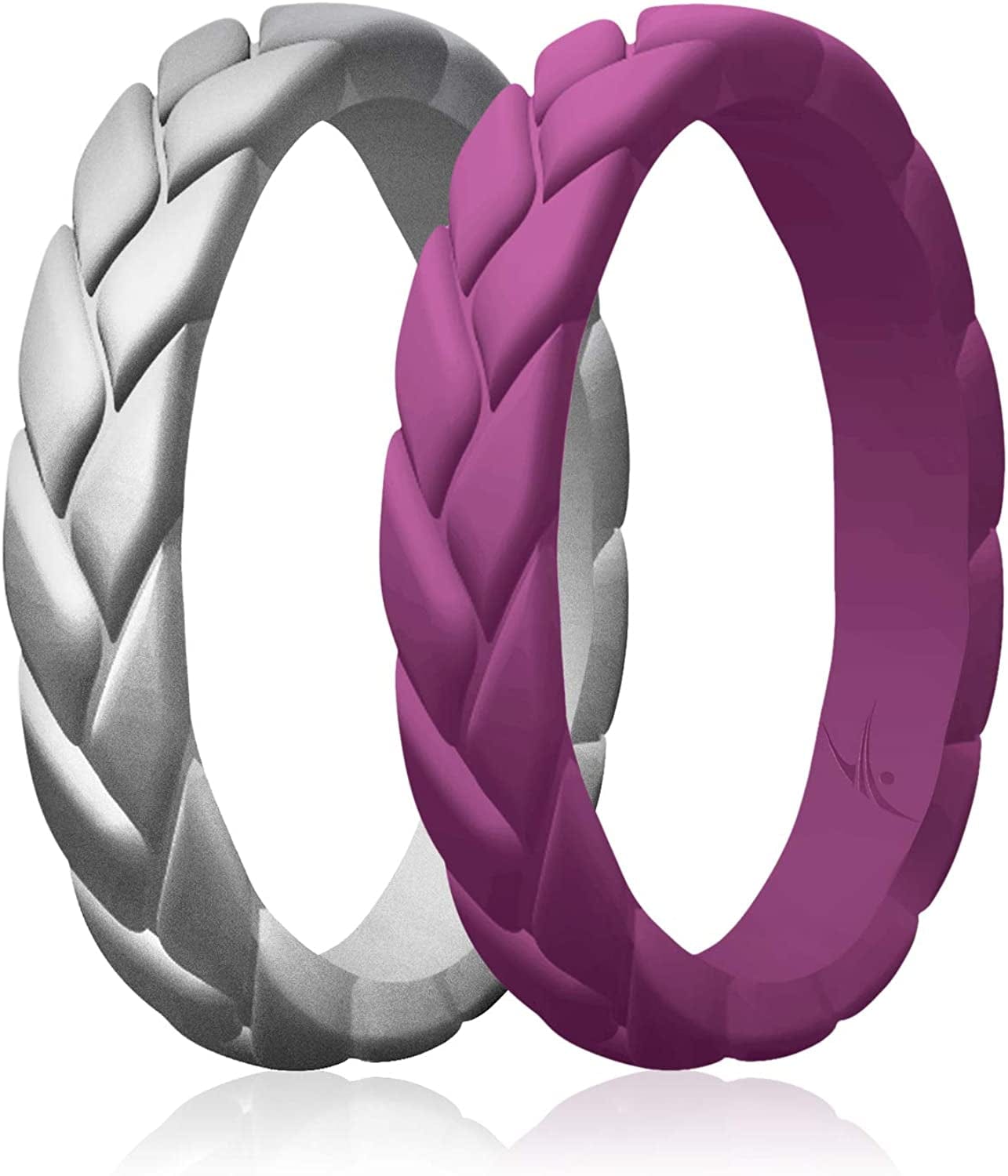 Silicone Rings for Women Thin Womens Silicone Rubber Wedding Rings Bands - Bridal Jewelry Set Promise Rings Anniversary Rings - Flame Leaves Collection - Can Be Used as Stackable Rings Argaman Purple, Silver / 6 -6.5 (16.5mm)