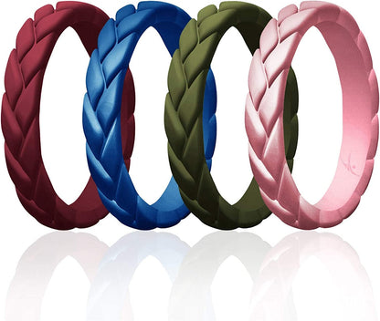 Silicone Rings for Women Thin Womens Silicone Rubber Wedding Rings Bands - Bridal Jewelry Set Promise Rings Anniversary Rings - Flame Leaves Collection - Can Be Used as Stackable Rings Bordeaux, Metal Blue, Dark Green, Metal Pink / 6 -6.5 (16.5mm)