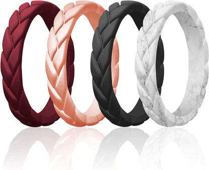 Silicone Rings for Women Thin Womens Silicone Rubber Wedding Rings Bands - Bridal Jewelry Set Promise Rings Anniversary Rings - Flame Leaves Collection - Can Be Used as Stackable Rings Bordeaux, Rose Gold, Marble, Black / 7 - 7.5 (17.3mm)