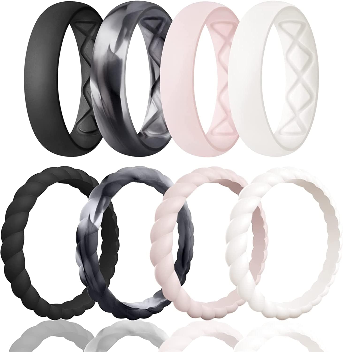 Silicone Wedding Bands Women, Inner Arc Ergonomic Breathable Design Silicone Rubber Wedding Bands Rubber Rings for Women SETA5-Black,Black Glamour, Pink Sand, Ivory / 7.5-8(18.1mm)