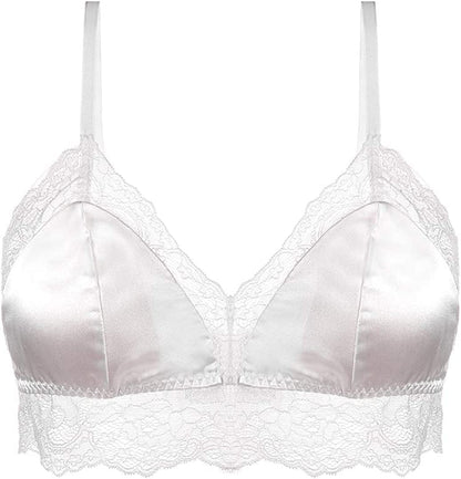 Silriver Women'S Satin Bralette Tops Silk Wirefree Bra Lace Cami Bra with Removable Pads White / Medium