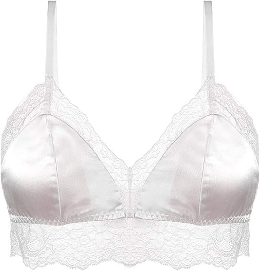 Silriver Women'S Satin Bralette Tops Silk Wirefree Bra Lace Cami Bra with Removable Pads White / Medium