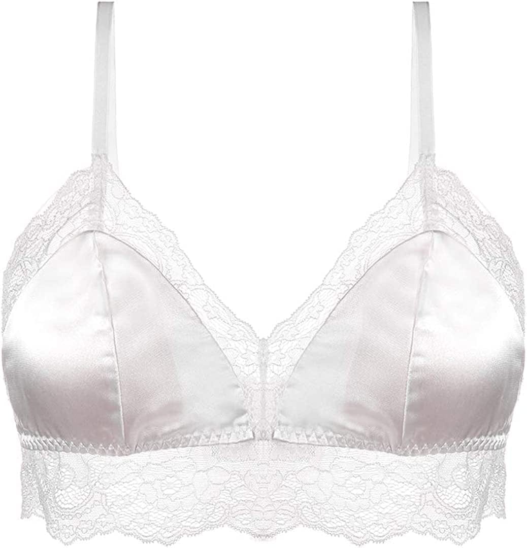 Silriver Women'S Satin Bralette Tops Silk Wirefree Bra Lace Cami Bra with Removable Pads White / Medium