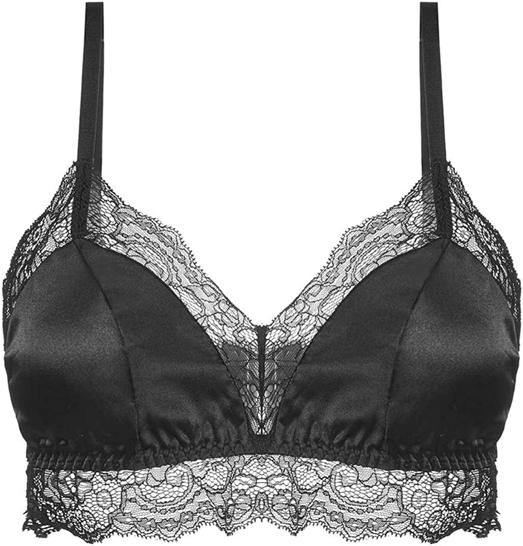 Silriver Women'S Satin Bralette Tops Silk Wirefree Bra Lace Cami Bra with Removable Pads Black / Medium