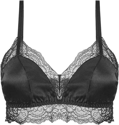 Silriver Women'S Satin Bralette Tops Silk Wirefree Bra Lace Cami Bra with Removable Pads Black / Medium