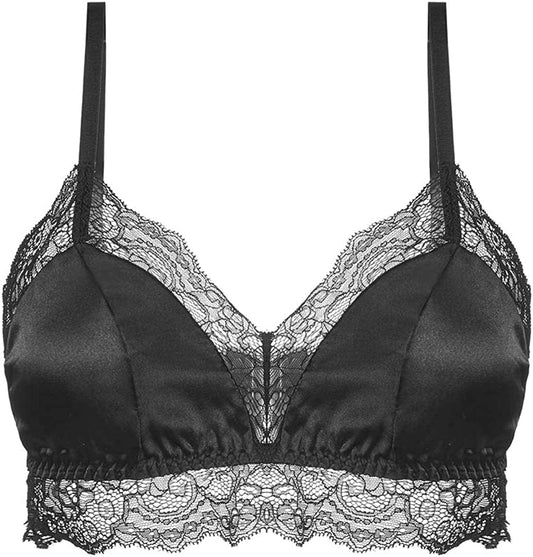 Silriver Women'S Satin Bralette Tops Silk Wirefree Bra Lace Cami Bra with Removable Pads Black / Medium