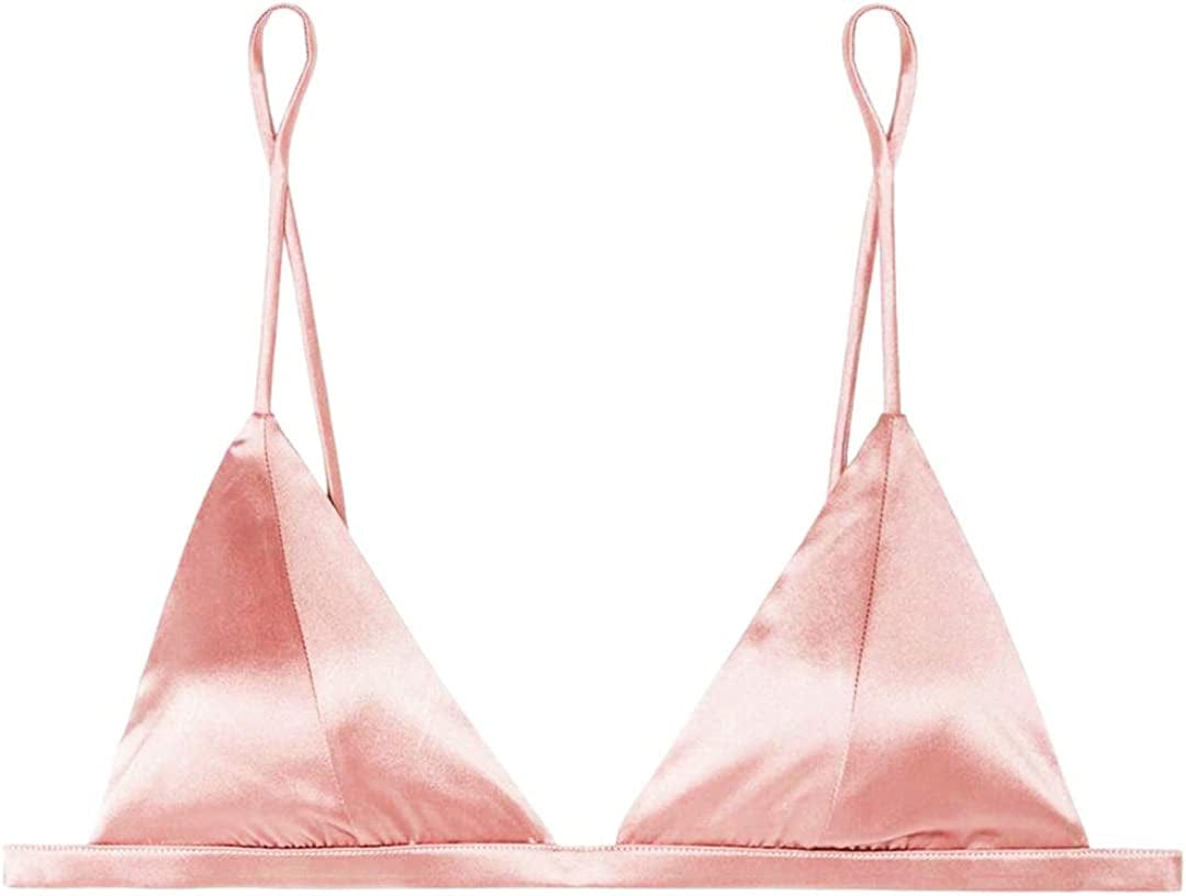 Silriver Women'S Silk Satin Triangle Bralette Soft Cup Wireless Bra Smooth and Comfortable Wire Free Bra Top Pink / Medium