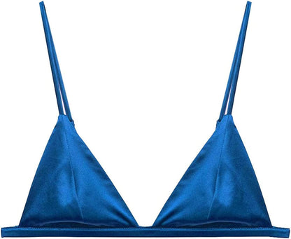 Silriver Women'S Silk Satin Triangle Bralette Soft Cup Wireless Bra Smooth and Comfortable Wire Free Bra Top Turkish Blue / Small