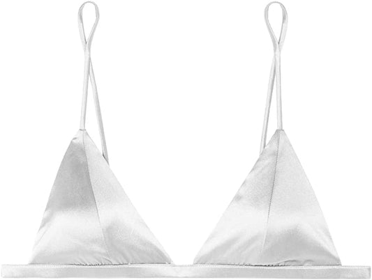 Silriver Women'S Silk Satin Triangle Bralette Soft Cup Wireless Bra Smooth and Comfortable Wire Free Bra Top White / X-Large