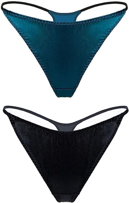 Silriver Womens Silk Satin Panties Thong Sexy G String Thongs T Back Satin Bikini Underwear S-XL Black - Turkish Blue / Small