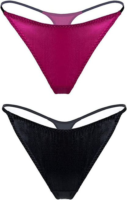 Silriver Womens Silk Satin Panties Thong Sexy G String Thongs T Back Satin Bikini Underwear S-XL Black - Rose Violet / X-Large