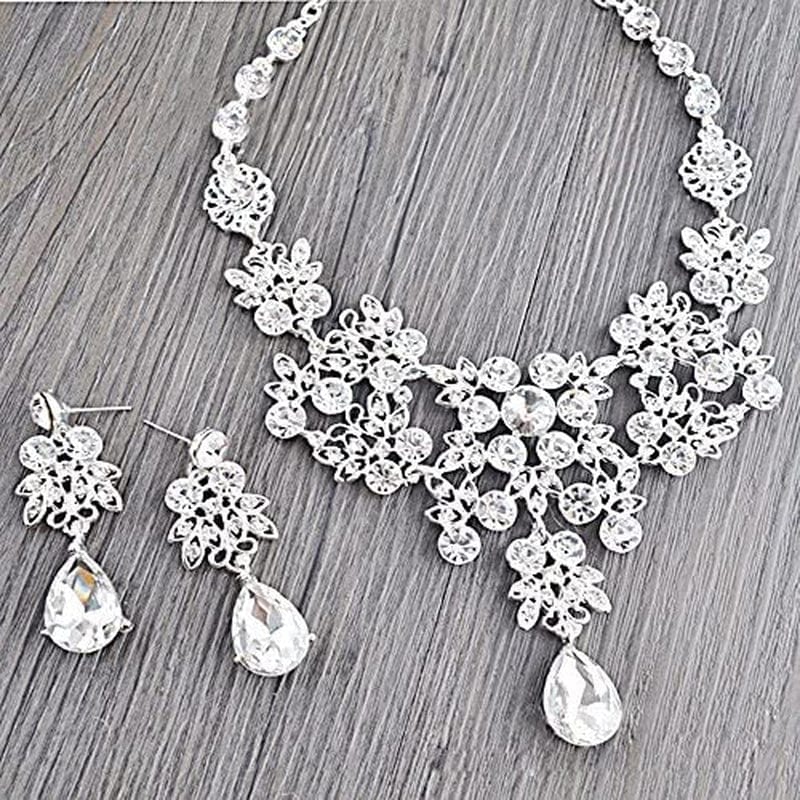 Silver Alloy Rhinestone Earrings Crystal Pendant Necklace Bridal Jewelry Set (White)