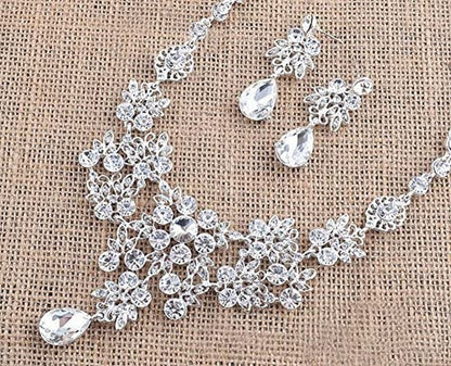 Silver Alloy Rhinestone Earrings Crystal Pendant Necklace Bridal Jewelry Set (White)