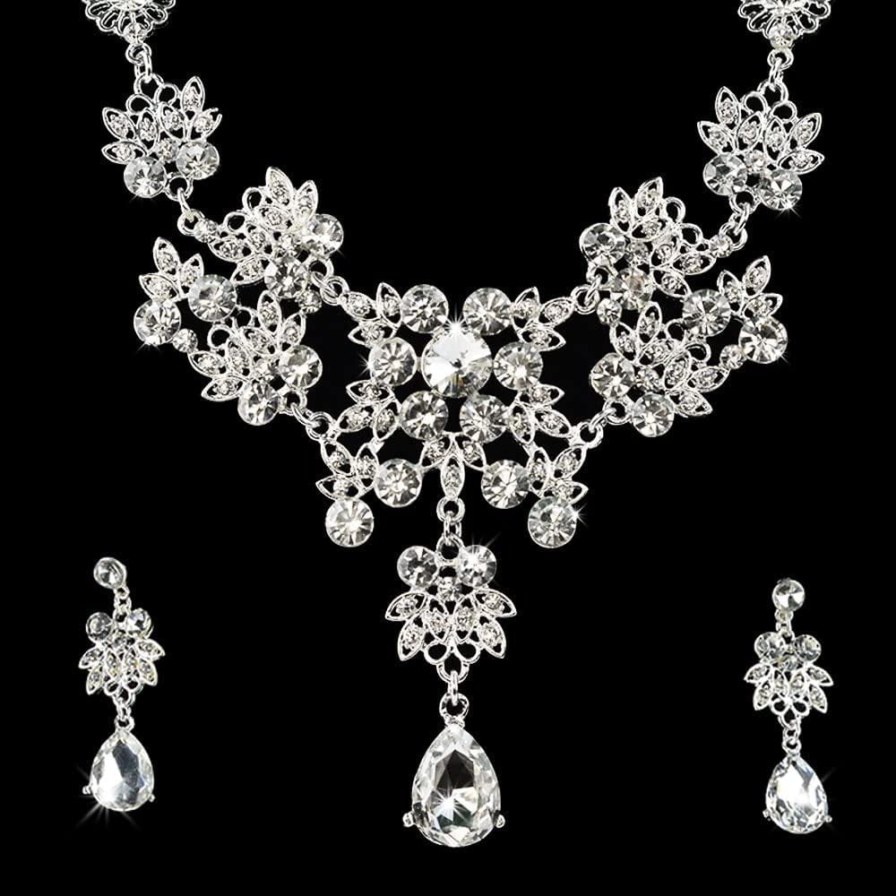 Silver Alloy Rhinestone Earrings Crystal Pendant Necklace Bridal Jewelry Set (White)