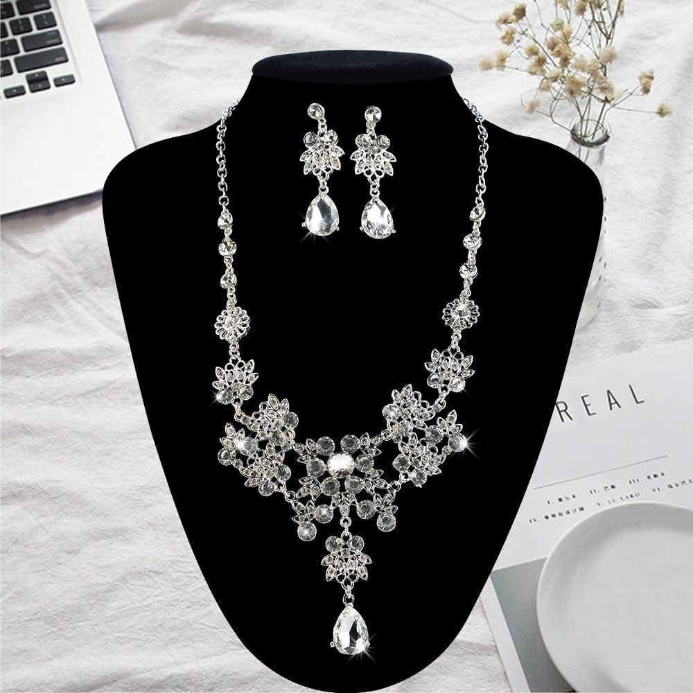 Silver Alloy Rhinestone Earrings Crystal Pendant Necklace Bridal Jewelry Set (White)