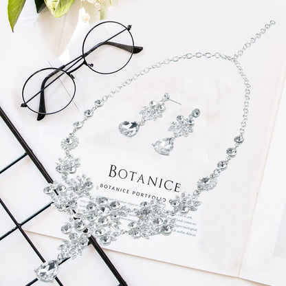 Silver Alloy Rhinestone Earrings Crystal Pendant Necklace Bridal Jewelry Set (White)