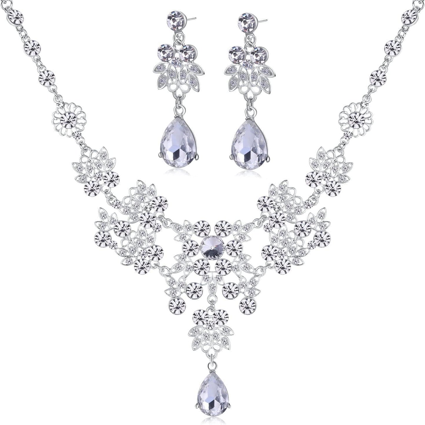 Silver Alloy Rhinestone Earrings Crystal Pendant Necklace Bridal Jewelry Set (White)