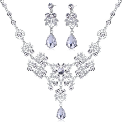 Silver Alloy Rhinestone Earrings Crystal Pendant Necklace Bridal Jewelry Set (White)