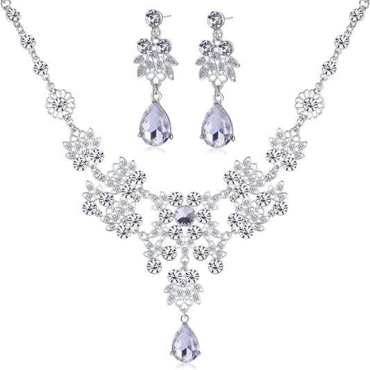 Silver Alloy Rhinestone Earrings Crystal Pendant Necklace Bridal Jewelry Set (White)
