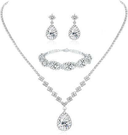 Silver Bridal Jewelry Set Rhinestone Necklace Bracelet Dangle Earrings for Bride Bridesmaid Teardrop Pendant Crystal Wedding Prom Jewelry Accessories for Women Style-B