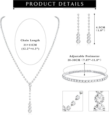 Silver Bridal Jewelry Set Rhinestone Necklace Bracelet Dangle Earrings for Bride Bridesmaid Teardrop Pendant Crystal Wedding Prom Jewelry Accessories for Women
