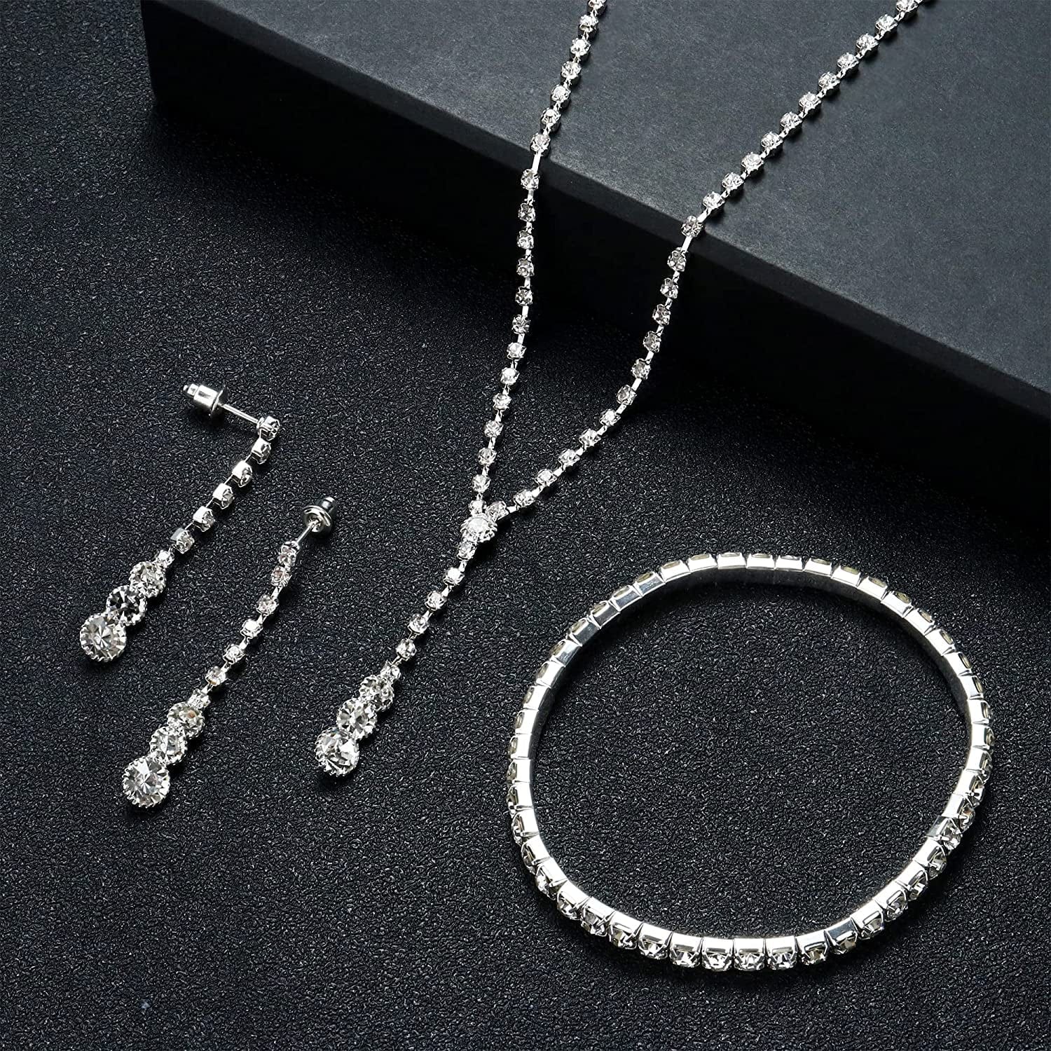 Silver Bridal Jewelry Set Rhinestone Necklace Bracelet Dangle Earrings for Bride Bridesmaid Teardrop Pendant Crystal Wedding Prom Jewelry Accessories for Women