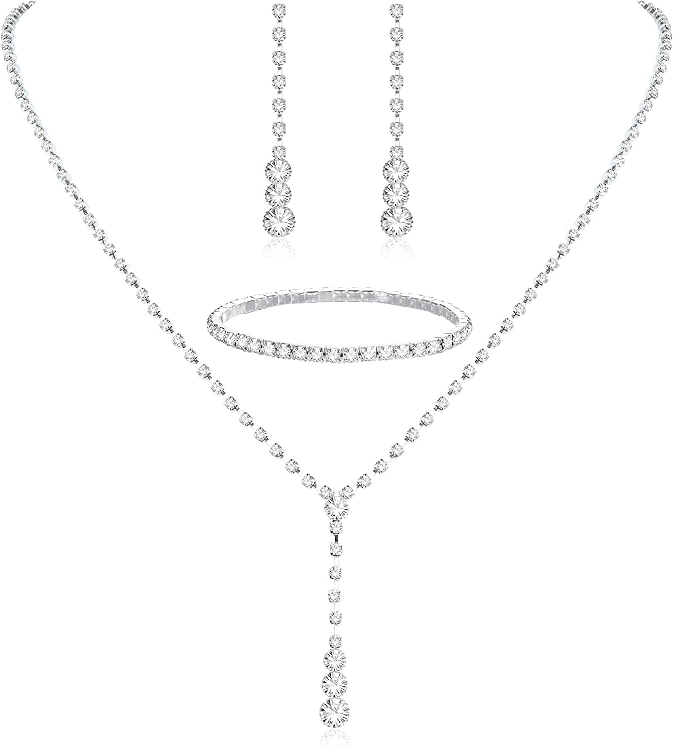 Silver Bridal Jewelry Set Rhinestone Necklace Bracelet Dangle Earrings for Bride Bridesmaid Teardrop Pendant Crystal Wedding Prom Jewelry Accessories for Women Style-A
