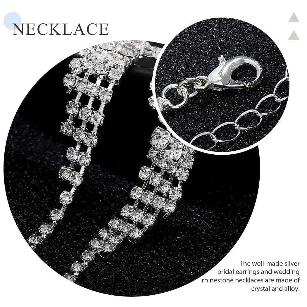 Silver Bride Necklace Earrings Set Crystal Bridal Wedding Jewelry Sets Rhinestone Choker Necklace Prom Costume Jewelry Sets for Women and Girls