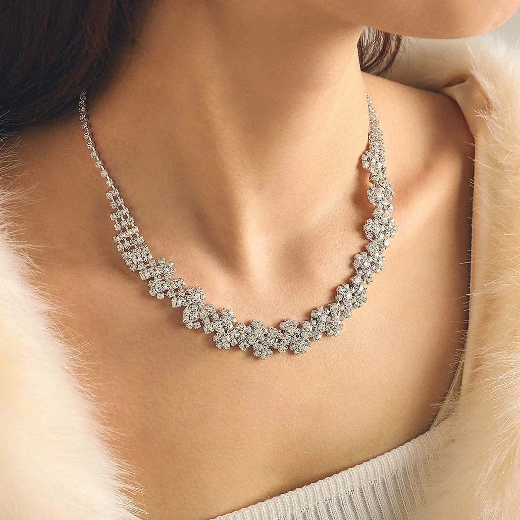 Silver Bride Necklace Earrings Set Crystal Bridal Wedding Jewelry Sets Rhinestone Choker Necklace Prom Costume Jewelry Sets for Women and Girls