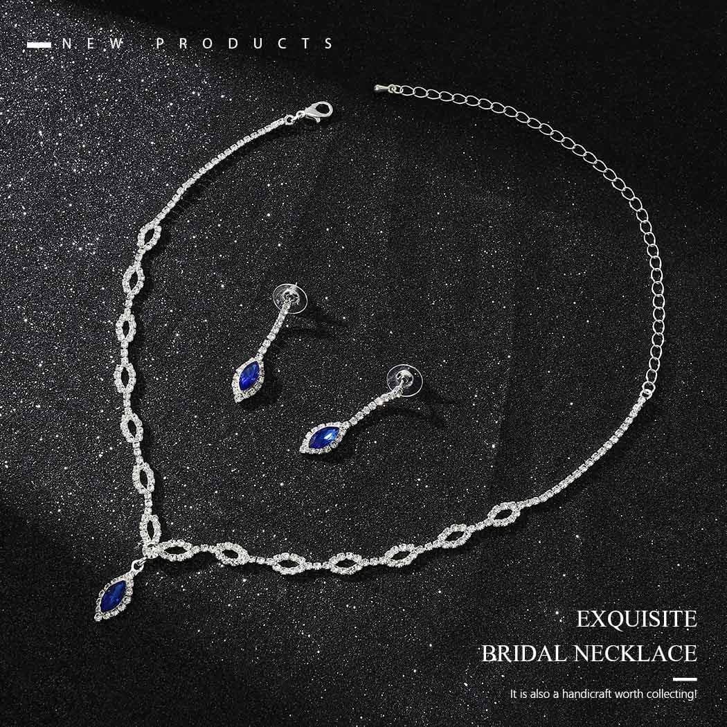 Silver Bride Wedding Jewelry Sets Blue Crystal Bridal Necklace Earrings Set Rhinestone Prom Costume Jewelry Set Choker Necklace for Women and Girls