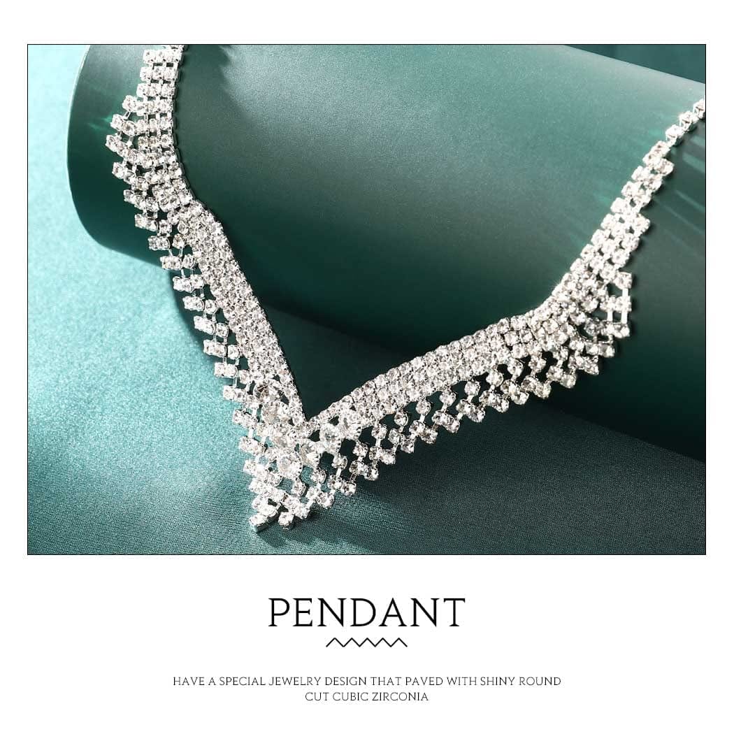 Silver Bride Wedding Jewelry Sets Crystal Bridal Necklace Earrings Set Rhinestone Costume Jewelry Set Prom Choker Necklace for Women and Girls