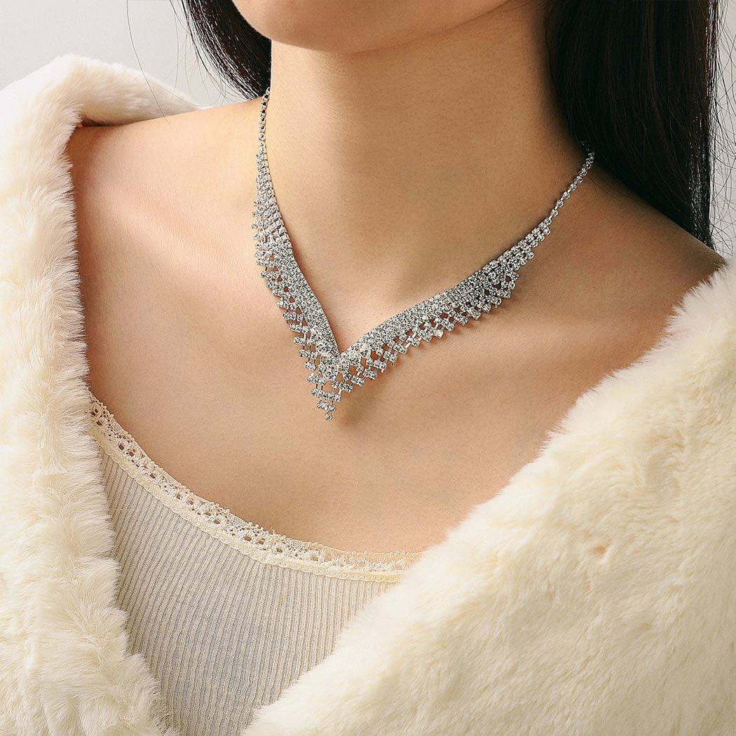 Silver Bride Wedding Jewelry Sets Crystal Bridal Necklace Earrings Set Rhinestone Costume Jewelry Set Prom Choker Necklace for Women and Girls
