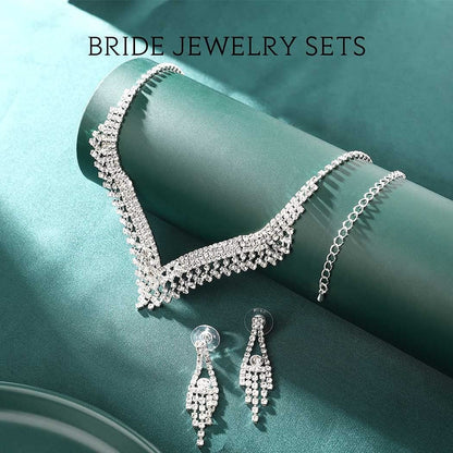 Silver Bride Wedding Jewelry Sets Crystal Bridal Necklace Earrings Set Rhinestone Costume Jewelry Set Prom Choker Necklace for Women and Girls