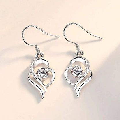 Silver Jewellery Set for Women, 925 Sterling Silver Heart Dangle Drop Earrings & 45Cm Necklace Pendant Set, with White AAA Cubic Zirconia, Allergy Free Jewellery for Mother Wife Girlfriend jewelry ser
